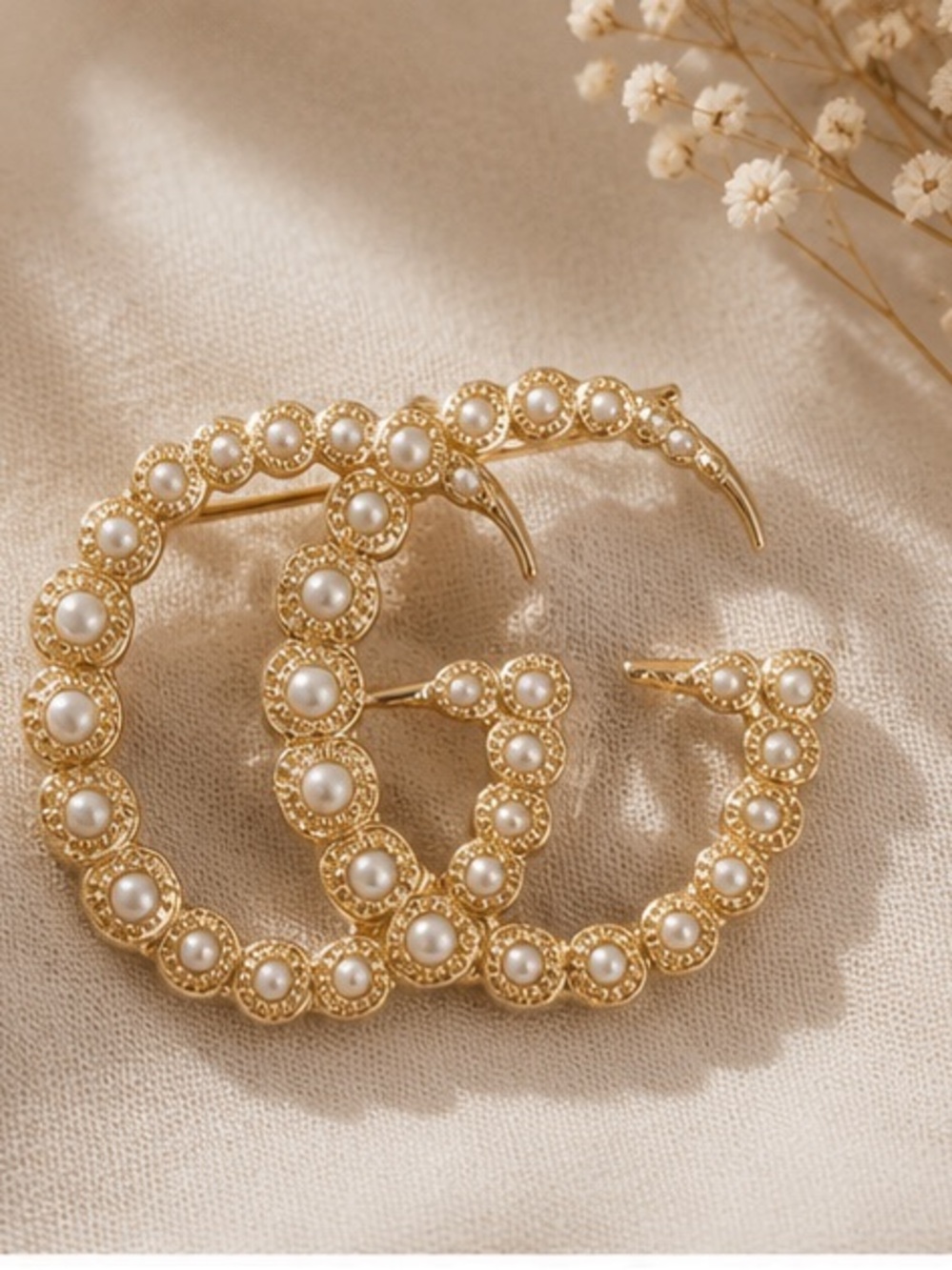 Designer Inspired Pearl Logo Brooch Gold Boutique Pin